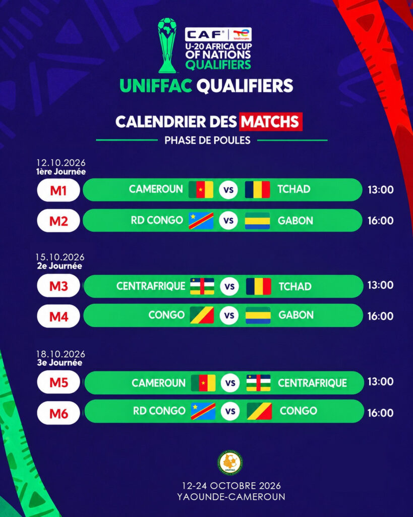 Calendrier U20 Yaounde 2026
